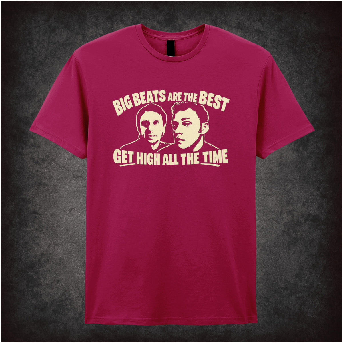 “Super Hans ‘Big beats are the best, get high all the time’ T-shirt in cardinal red from Peep Show”