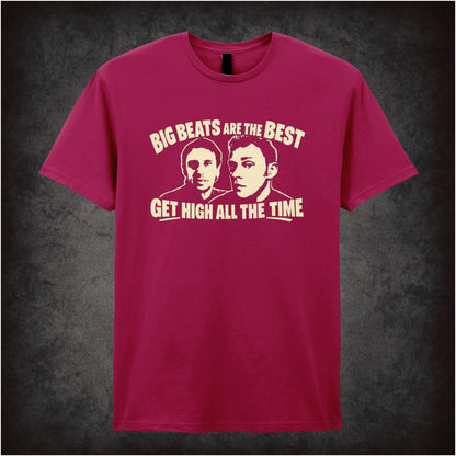 “Super Hans ‘Big beats are the best, get high all the time’ T-shirt in cardinal red from Peep Show”