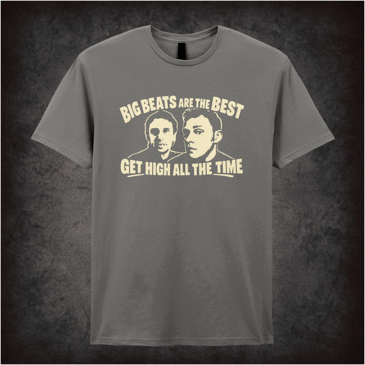 “Super Hans ‘Big beats are the best, get high all the time’ T-shirt in charcoal from Peep Show”