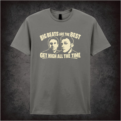 “Super Hans ‘Big beats are the best, get high all the time’ T-shirt in charcoal from Peep Show”