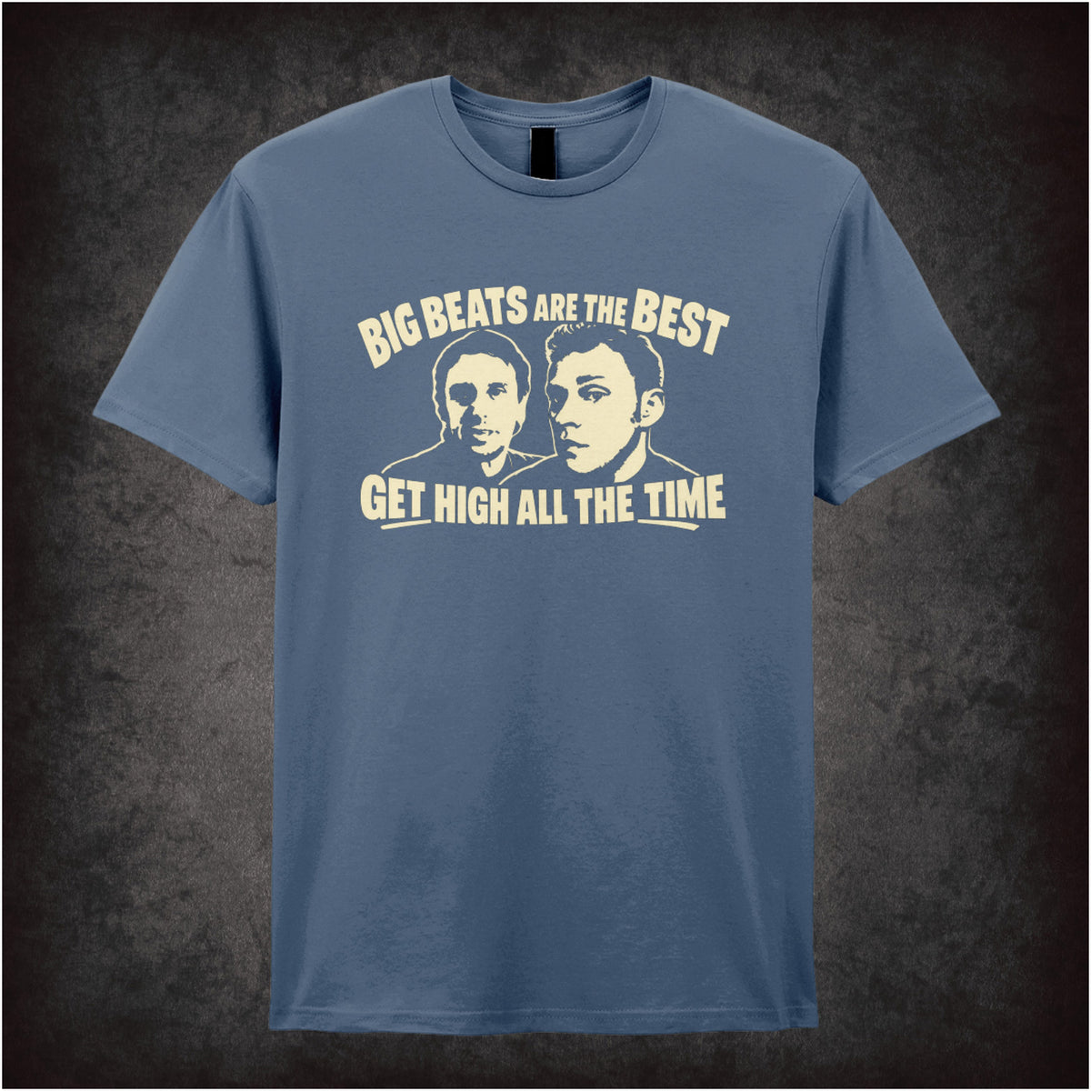 “Super Hans ‘Big beats are the best, get high all the time’ T-shirt in indigo from Peep Show”