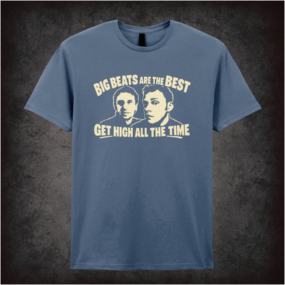 “Super Hans ‘Big beats are the best, get high all the time’ T-shirt in indigo from Peep Show”