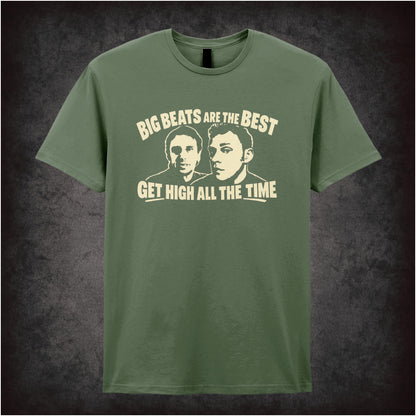 “Super Hans ‘Big beats are the best, get high all the time’ T-shirt in military green from Peep Show”