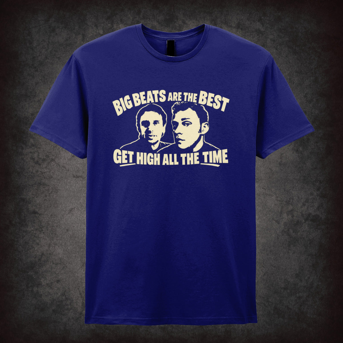 “Super Hans ‘Big beats are the best, get high all the time’ T-shirt in navy from Peep Show”