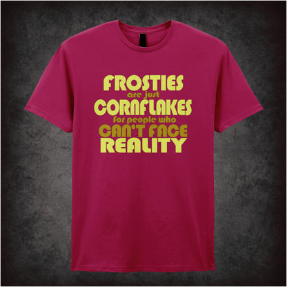 “Mark Corrigan ‘Frosties are just Cornflakes for people who can’t face reality’ T-shirt in cardinal red from Peep Show”