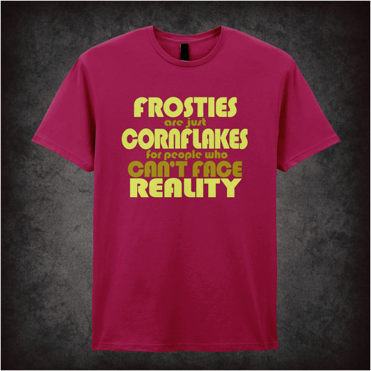 “Mark Corrigan ‘Frosties are just Cornflakes for people who can’t face reality’ T-shirt in cardinal red from Peep Show”