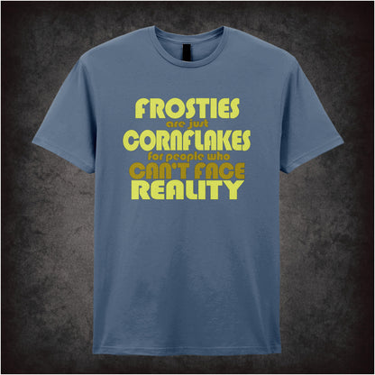 “Mark Corrigan ‘Frosties are just Cornflakes for people who can’t face reality’ T-shirt in indigo from Peep Show”