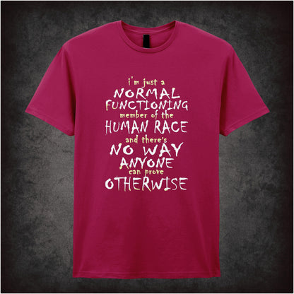 “Mark Corrigan ‘I’m just a normal functioning member of the human race and there's no way anyone can prove otherwise’ T-shirt in cardinal red from Peep Show”
