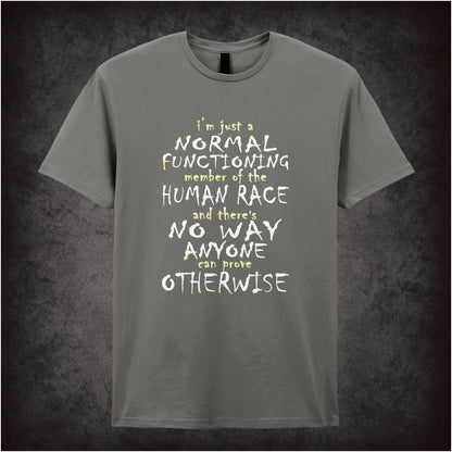 “Mark Corrigan ‘I’m just a normal functioning member of the human race and there's no way anyone can prove otherwise’ T-shirt in charcoal from Peep Show”