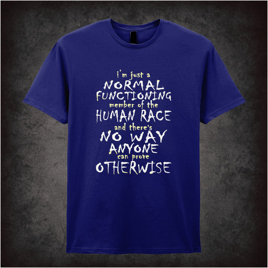 “Mark Corrigan ‘I’m just a normal functioning member of the human race and there's no way anyone can prove otherwise’ T-shirt in navy from Peep Show”