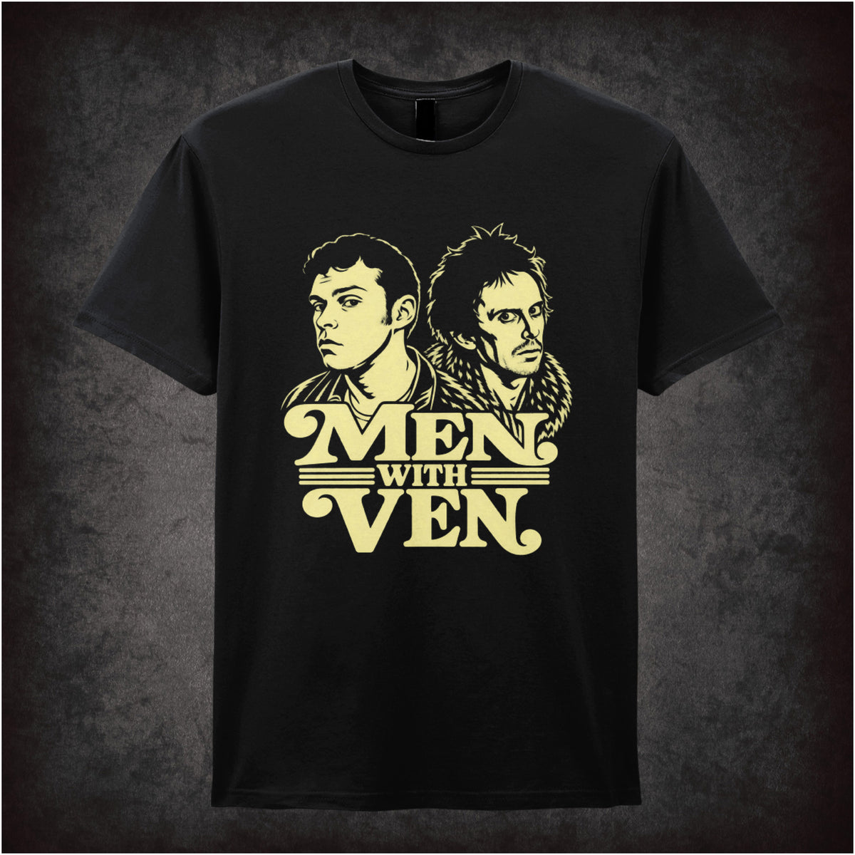 “Jeremy & Super Hans ‘Men with ven’ T-shirt in black from Peep Show”