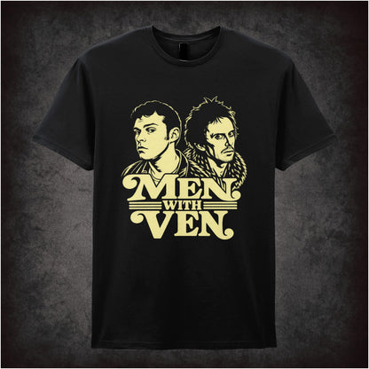 “Jeremy & Super Hans ‘Men with ven’ T-shirt in black from Peep Show”