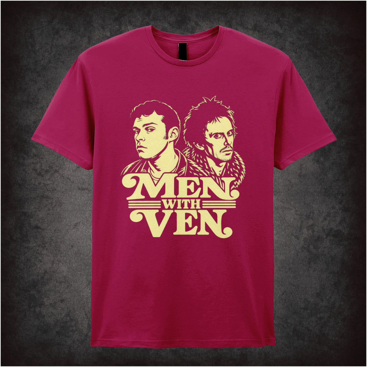 “Jeremy & Super Hans ‘Men with ven’ T-shirt in cardinal red from Peep Show”