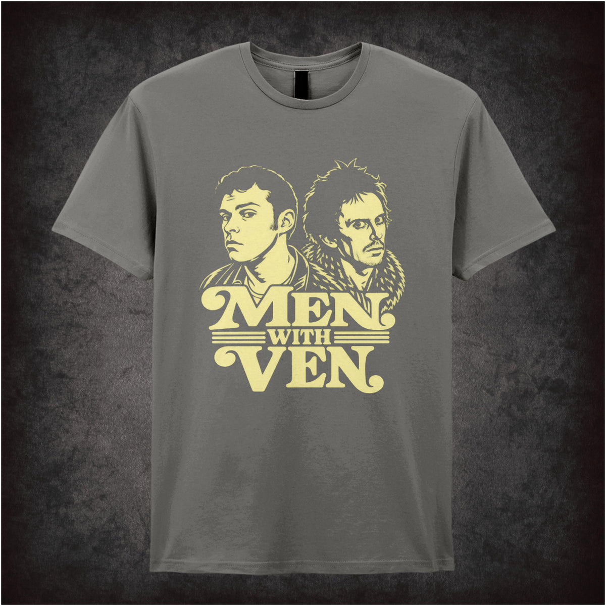 “Jeremy & Super Hans ‘Men with ven’ T-shirt in charcoal from Peep Show”