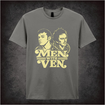 “Jeremy & Super Hans ‘Men with ven’ T-shirt in charcoal from Peep Show”