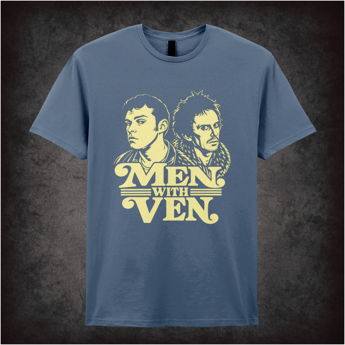 “Jeremy & Super Hans ‘Men with ven’ T-shirt in indigo from Peep Show”