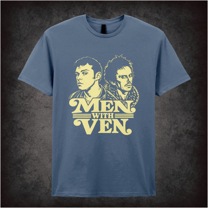 “Jeremy & Super Hans ‘Men with ven’ T-shirt in indigo from Peep Show”