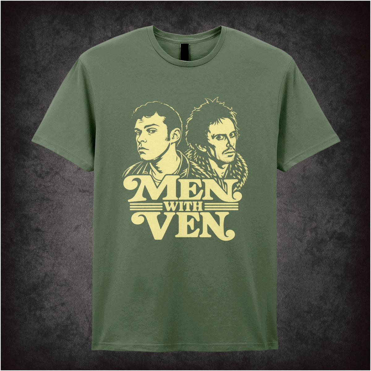 “Jeremy & Super Hans ‘Men with ven’ T-shirt in military green from Peep Show”