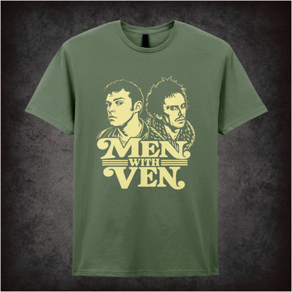 “Jeremy & Super Hans ‘Men with ven’ T-shirt in military green from Peep Show”