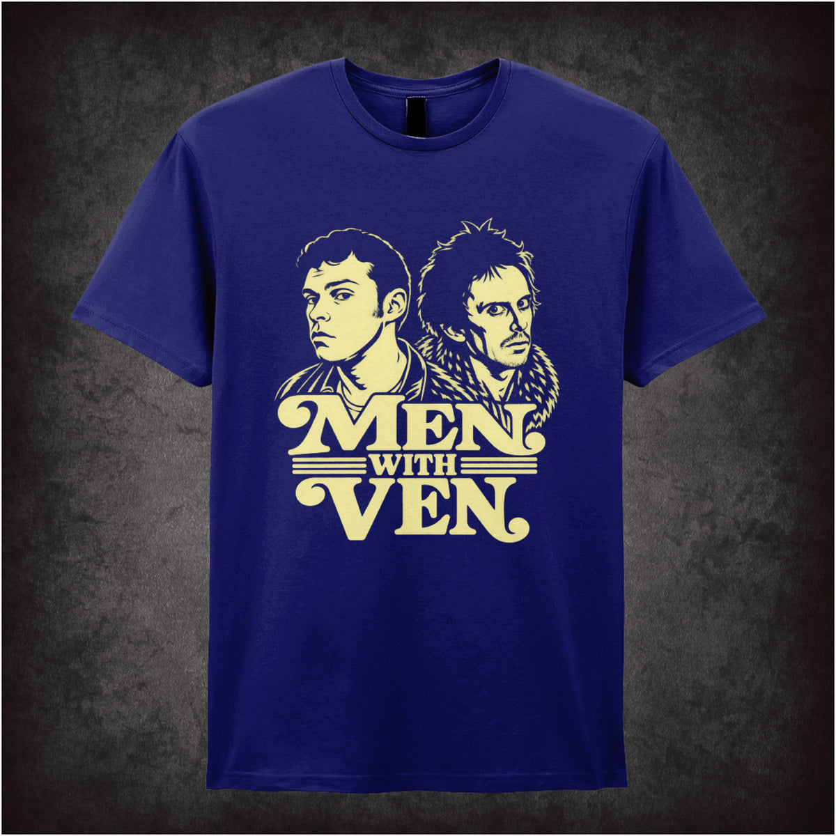 “Jeremy & Super Hans ‘Men with ven’ T-shirt in navy from Peep Show”