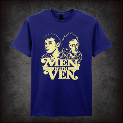 “Jeremy & Super Hans ‘Men with ven’ T-shirt in navy from Peep Show”