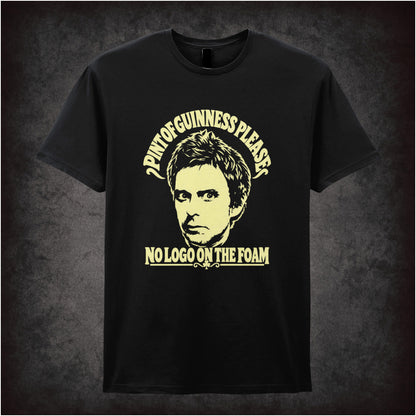 “Super Hans ‘Pint of Guinness please, no logo on the foam’ T-shirt in black from Peep Show”