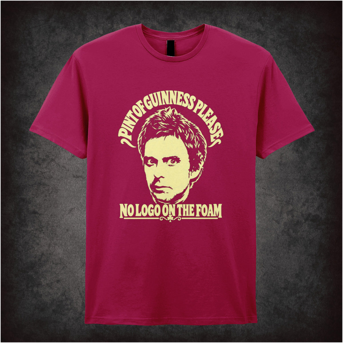 “Super Hans ‘Pint of Guinness please, no logo on the foam’ T-shirt in cardinal red from Peep Show”