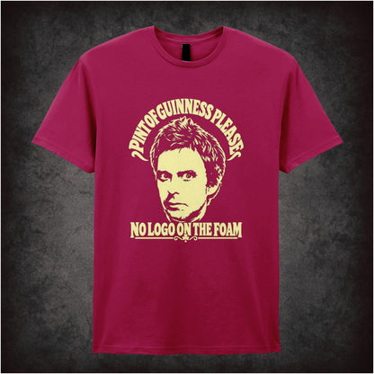 “Super Hans ‘Pint of Guinness please, no logo on the foam’ T-shirt in cardinal red from Peep Show”