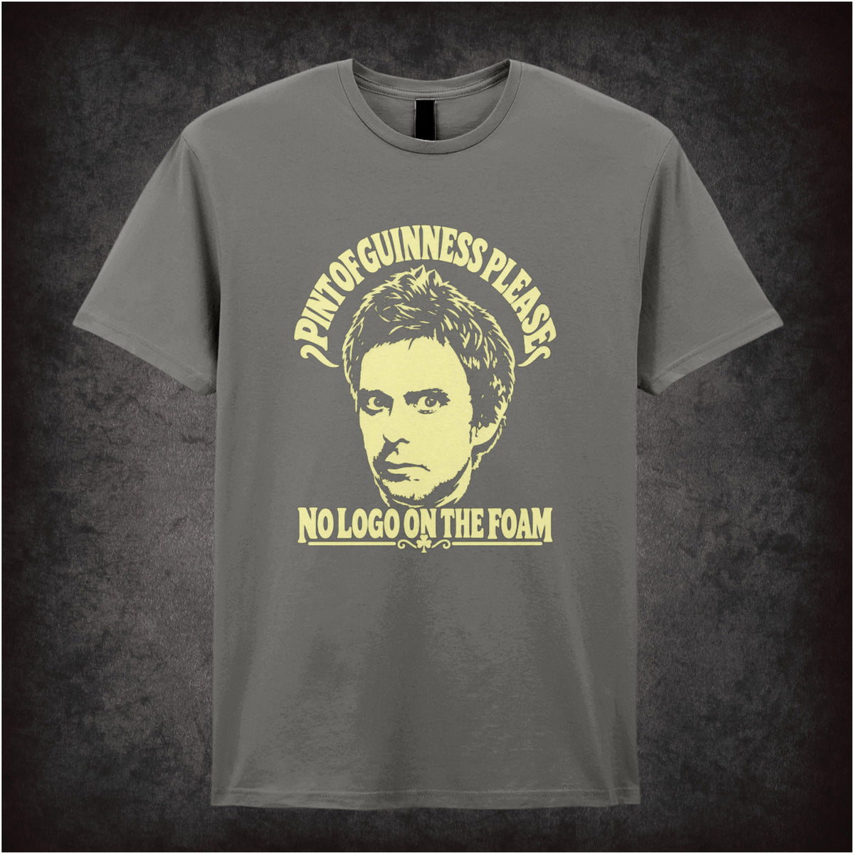 “Super Hans ‘Pint of Guinness please, no logo on the foam’ T-shirt in charcoal from Peep Show”