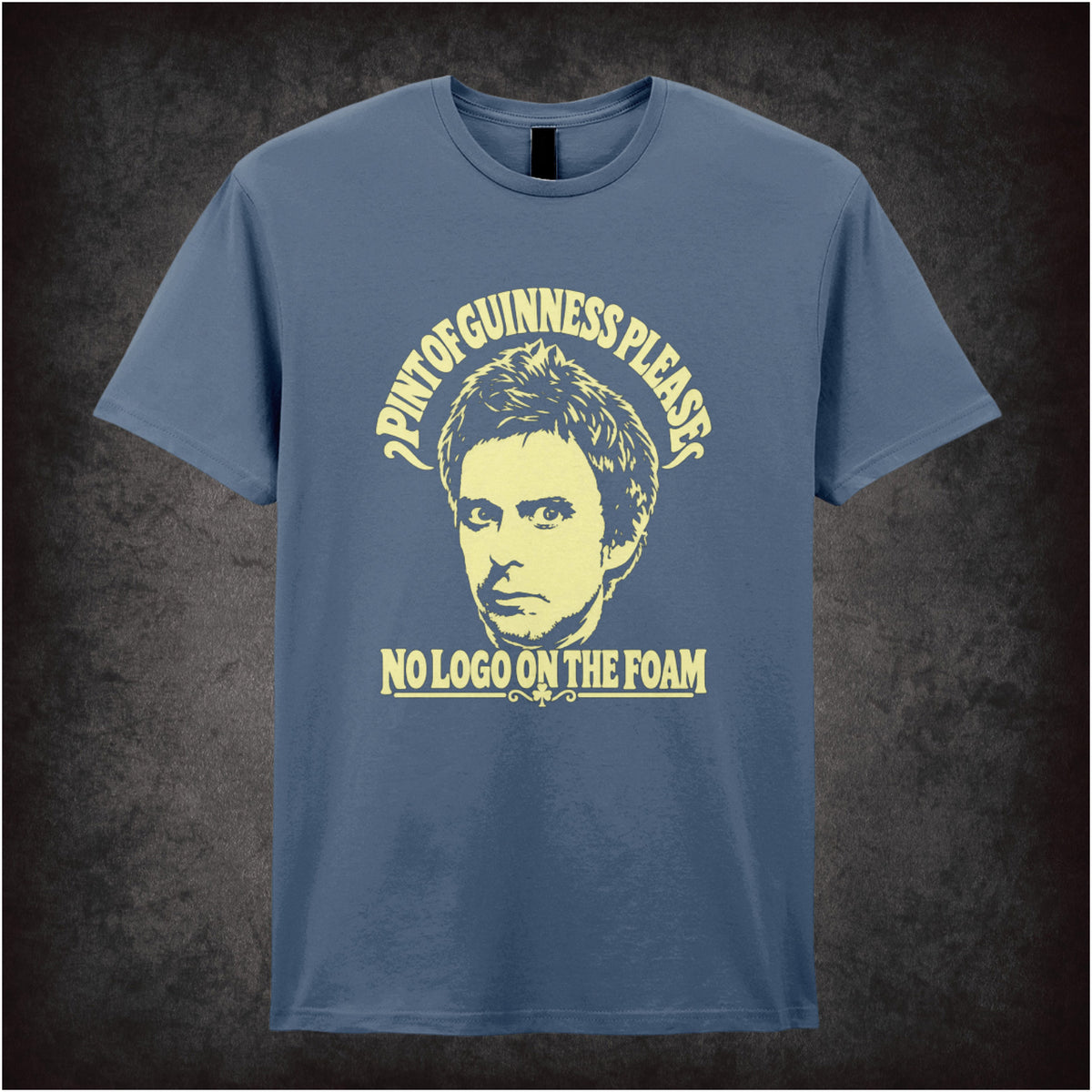 “Super Hans ‘Pint of Guinness please, no logo on the foam’ T-shirt in indigo from Peep Show”