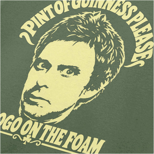 “Super Hans ‘Pint of Guinness please, no logo on the foam’ close up T-shirt in military green from Peep Show”