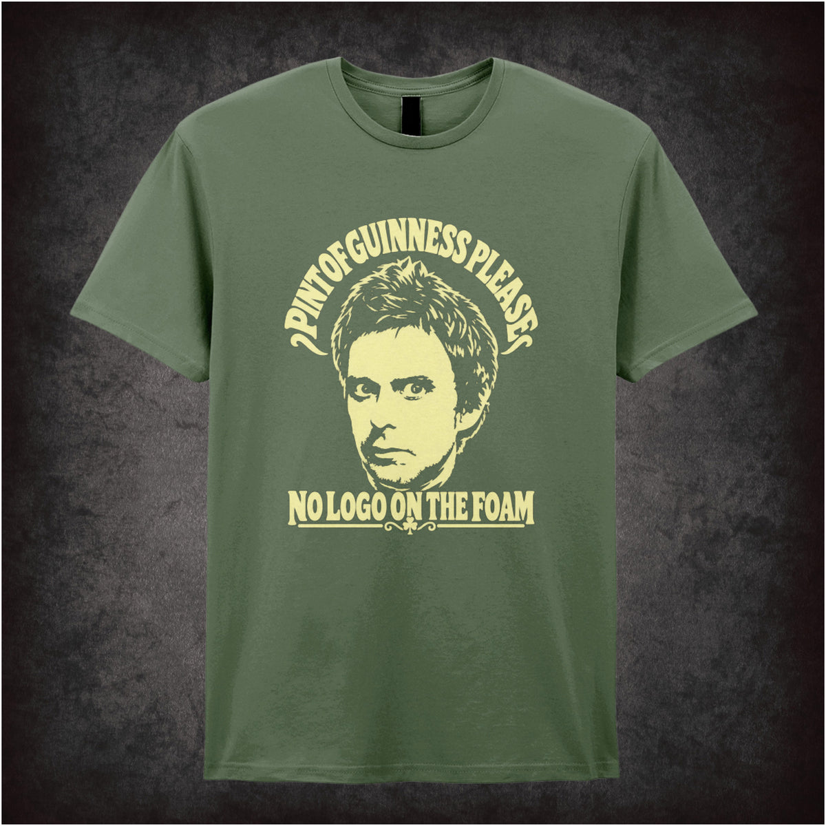“Super Hans ‘Pint of Guinness please, no logo on the foam’ T-shirt in military green from Peep Show”