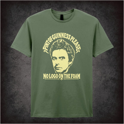 “Super Hans ‘Pint of Guinness please, no logo on the foam’ T-shirt in military green from Peep Show”