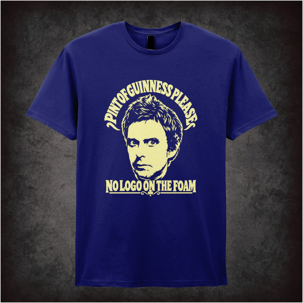 “Super Hans ‘Pint of Guinness please, no logo on the foam’ T-shirt in navy from Peep Show”