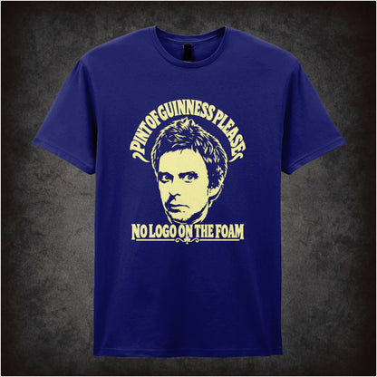 “Super Hans ‘Pint of Guinness please, no logo on the foam’ T-shirt in navy from Peep Show”