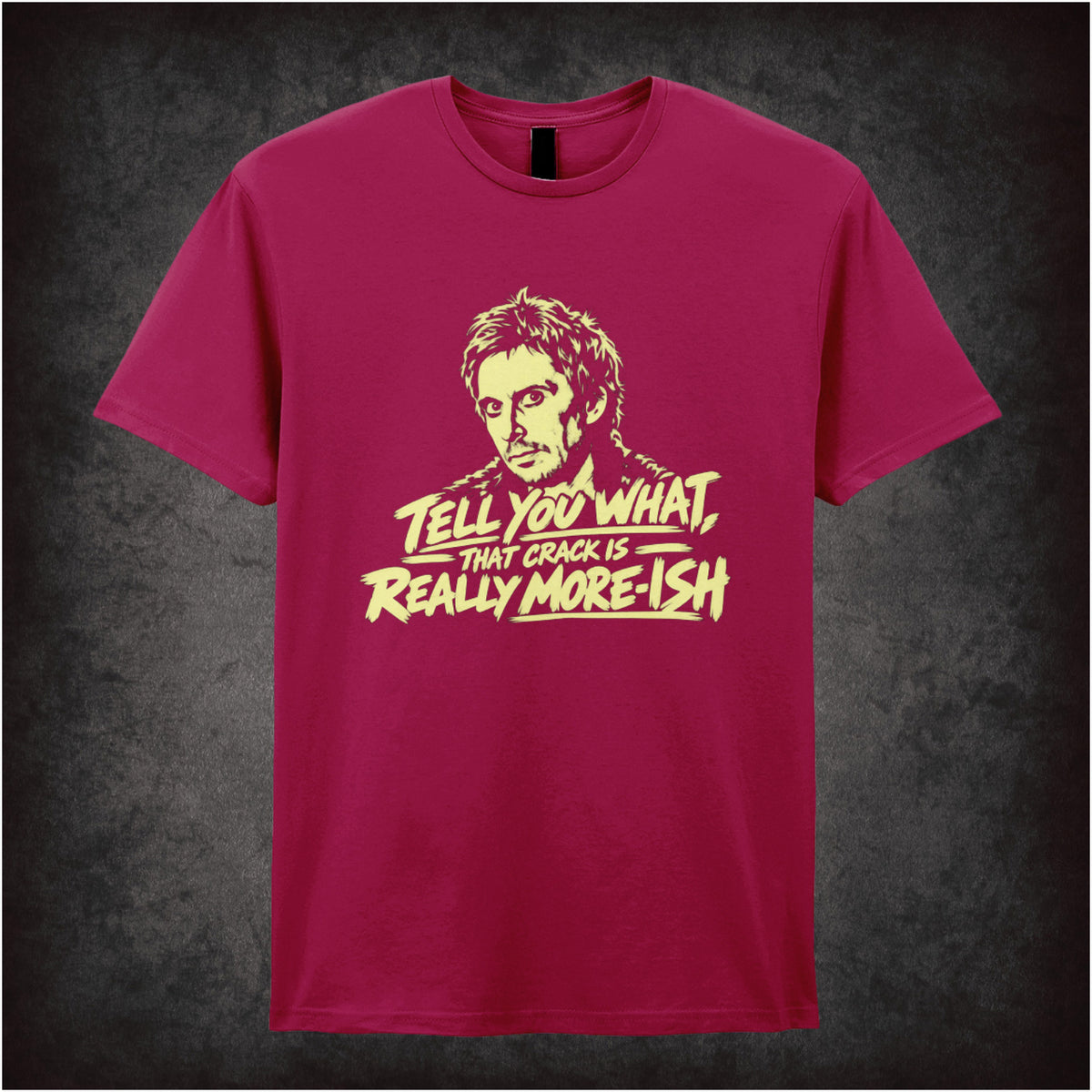 “Super Hans ‘Tell you what, that crack is really more-ish’ T-shirt in cardinal red from Peep Show”