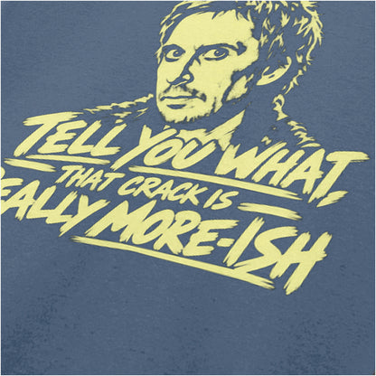 “Super Hans ‘Tell you what, that crack is really more-ish’ close up T-shirt in indigo from Peep Show”