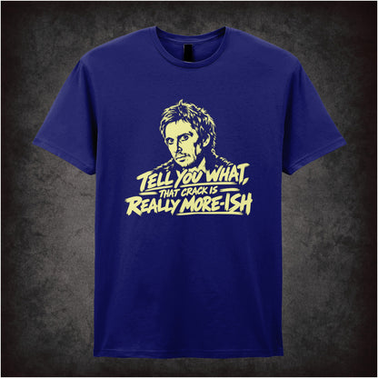 “Super Hans ‘Tell you what, that crack is really more-ish’ T-shirt in navy from Peep Show”