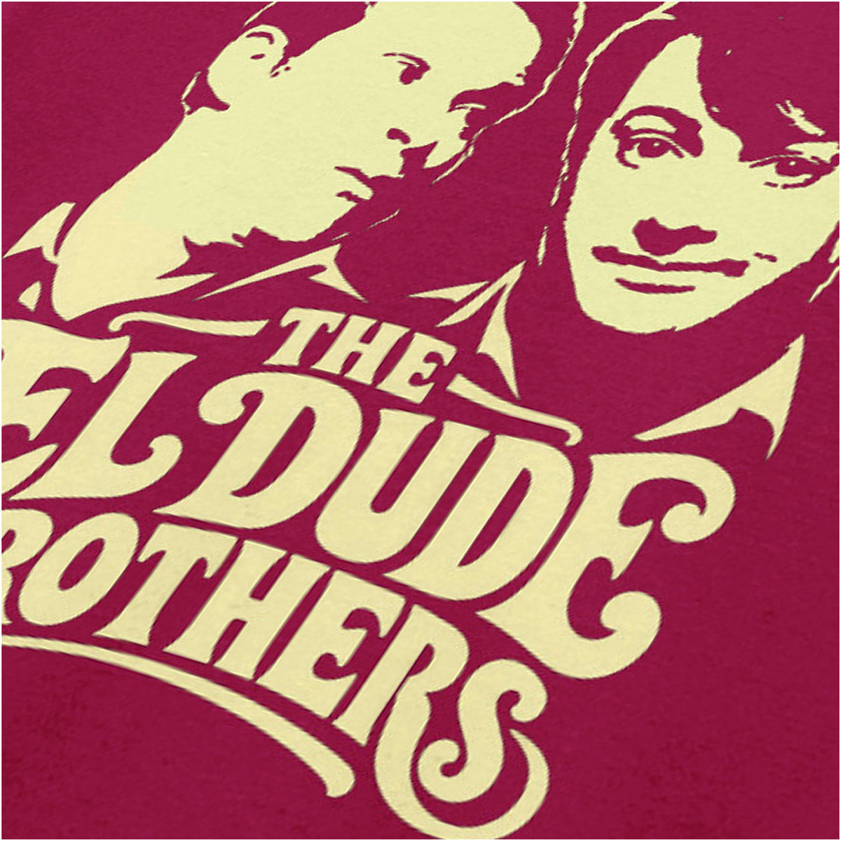 “Mark & Jeremy ‘The El Dude Brothers’ close up T-shirt in cardinal red from Peep Show”