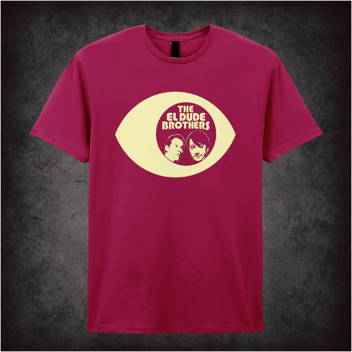 “‘The El Dude Brothers eye logo’ T-shirt in cardinal red from Peep Show”