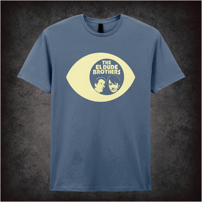 “‘The El Dude Brothers eye logo’ T-shirt in indigo from Peep Show”