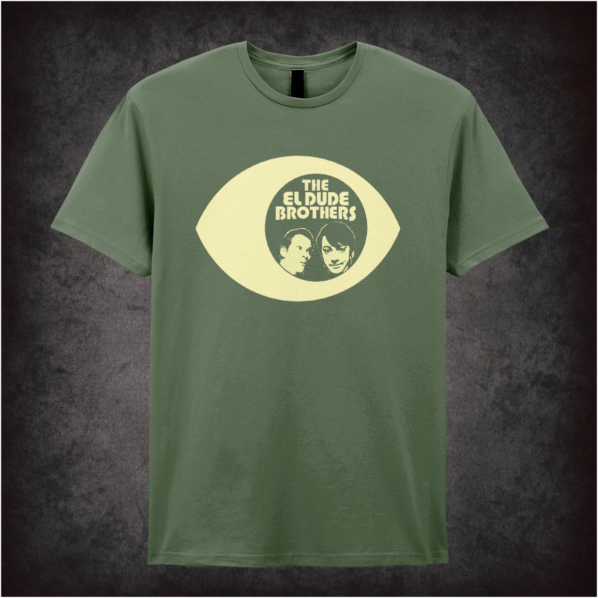 “‘The El Dude Brothers eye logo’ T-shirt in military green from Peep Show”