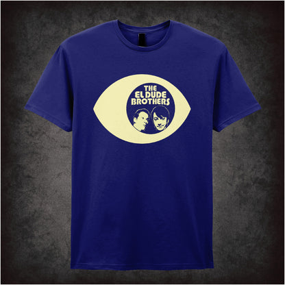 “‘The El Dude Brothers eye logo’ T-shirt in navy from Peep Show”