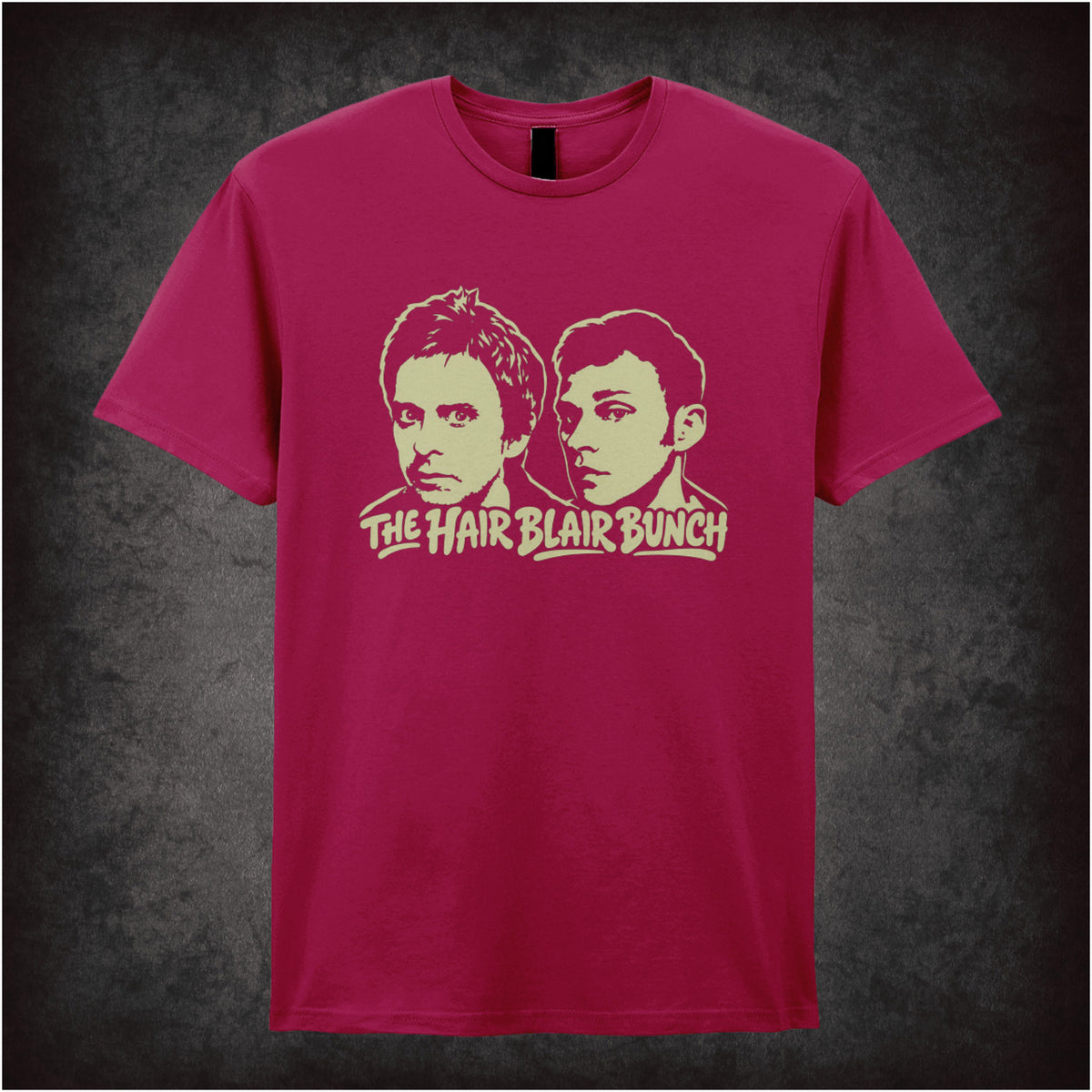 “Mark & Jeremy ‘The Hair Blair Bunch’ T-shirt in cardinal red from Peep Show”
