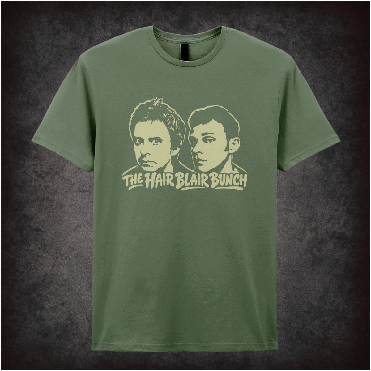 “Mark & Jeremy ‘The Hair Blair Bunch’ T-shirt in military green from Peep Show”