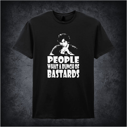 Black soft style unisex T-shirt featuring the phrase "People, What a Bunch of Bastards" inspired by The IT Crowd, in bold, comedic lettering.