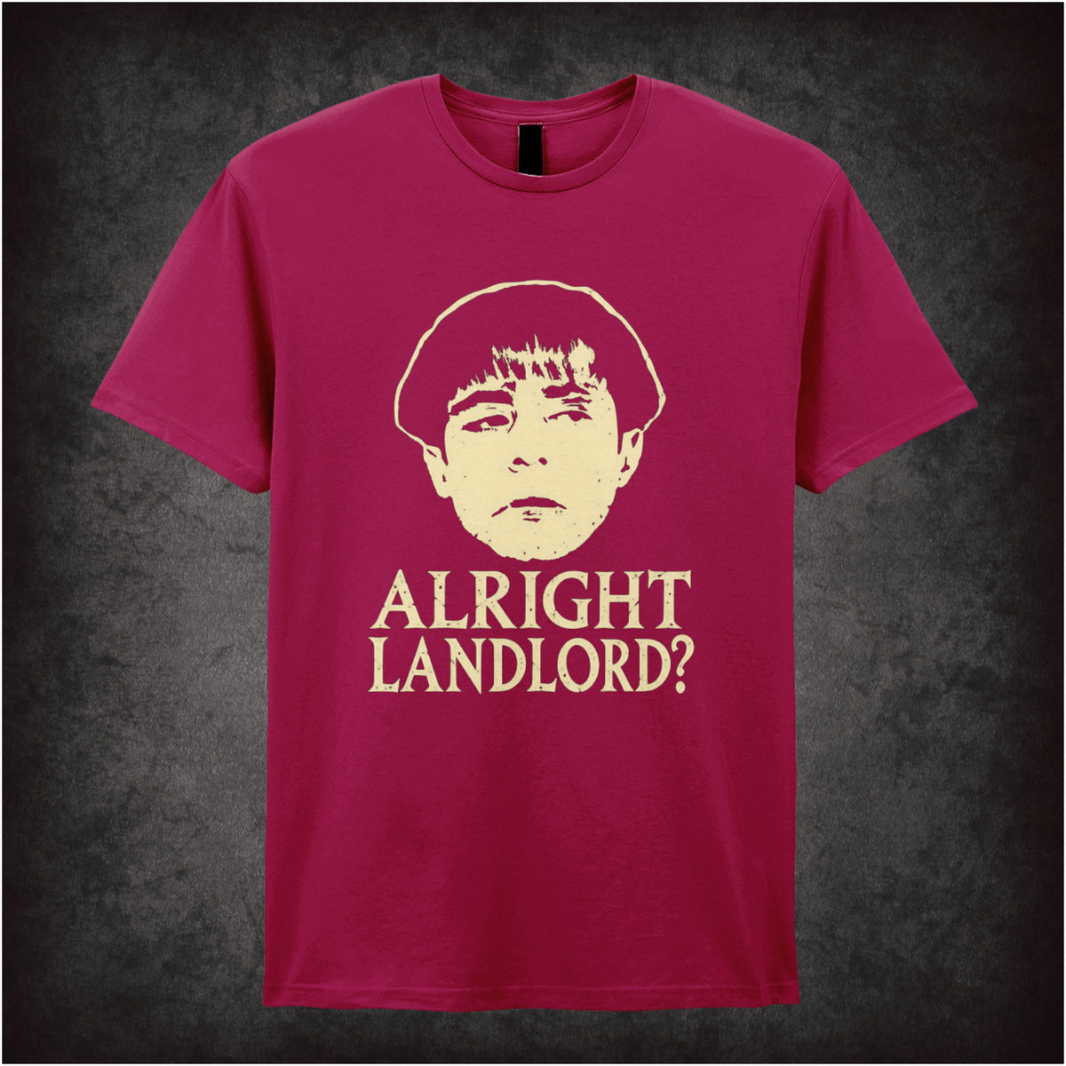 “Grumio ‘Alright landlord?’ T-shirt in cardinal red from Plebs”