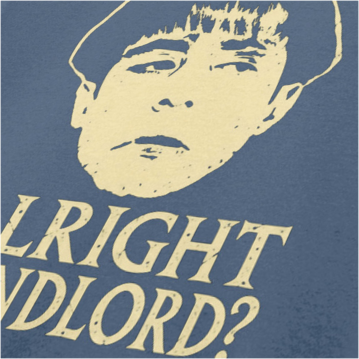 “Grumio ‘Alright landlord?’ close up T-shirt in indigo from Plebs”