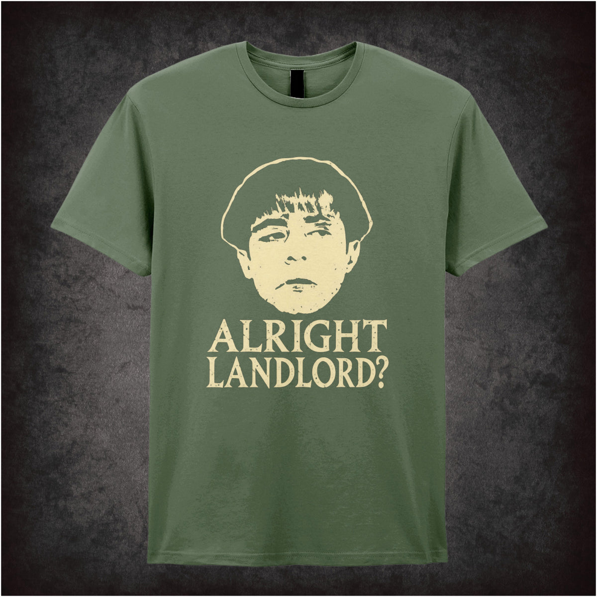 “Grumio ‘Alright landlord?’ T-shirt in military green from Plebs”