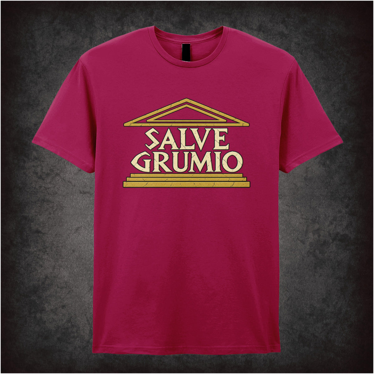 “‘Salve Grumio’ T-shirt in cardinal red from Plebs”